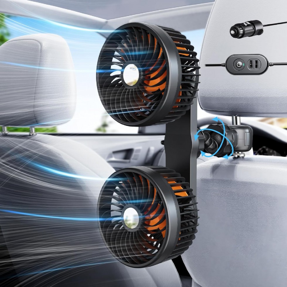 12V24V Çakmak Girişli Arka Koltuk Araç Fanı - 3 Hızlı Sessiz Dönebilen USB Şarj Portlu