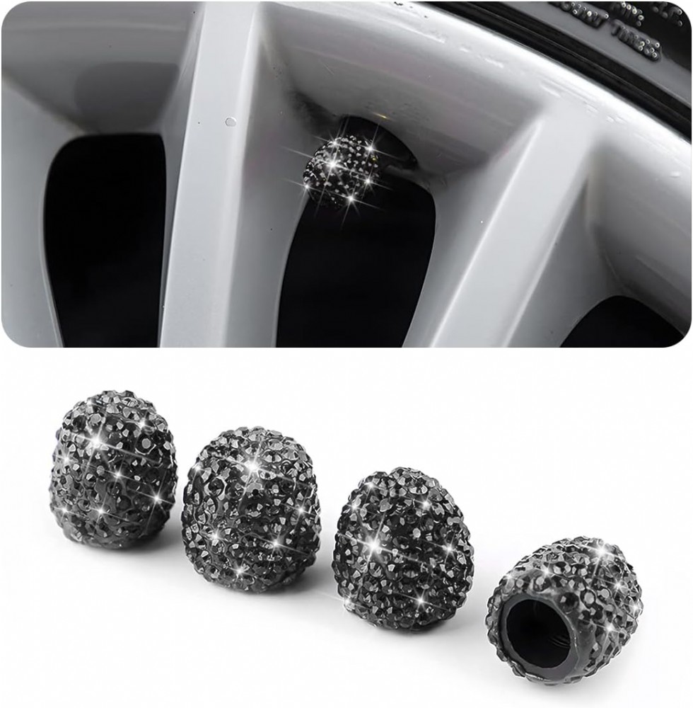 AUCELI 4 Adet Parlak Lastik Valf Kapağı Kristal Taşlı Toz Geçirmez Valf Kapağı Siyah