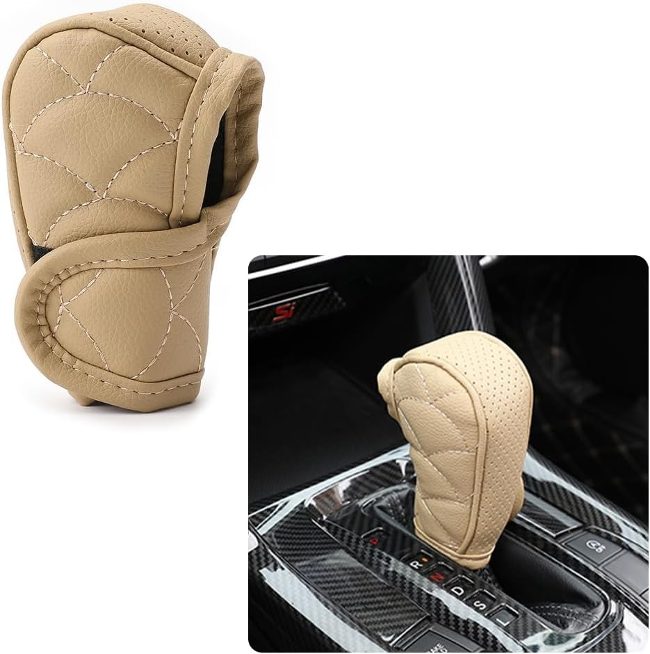 Bej Deri Vites Kolu Kılıfı Evrensel Nefes Alabilir Araç Vites Kapağı