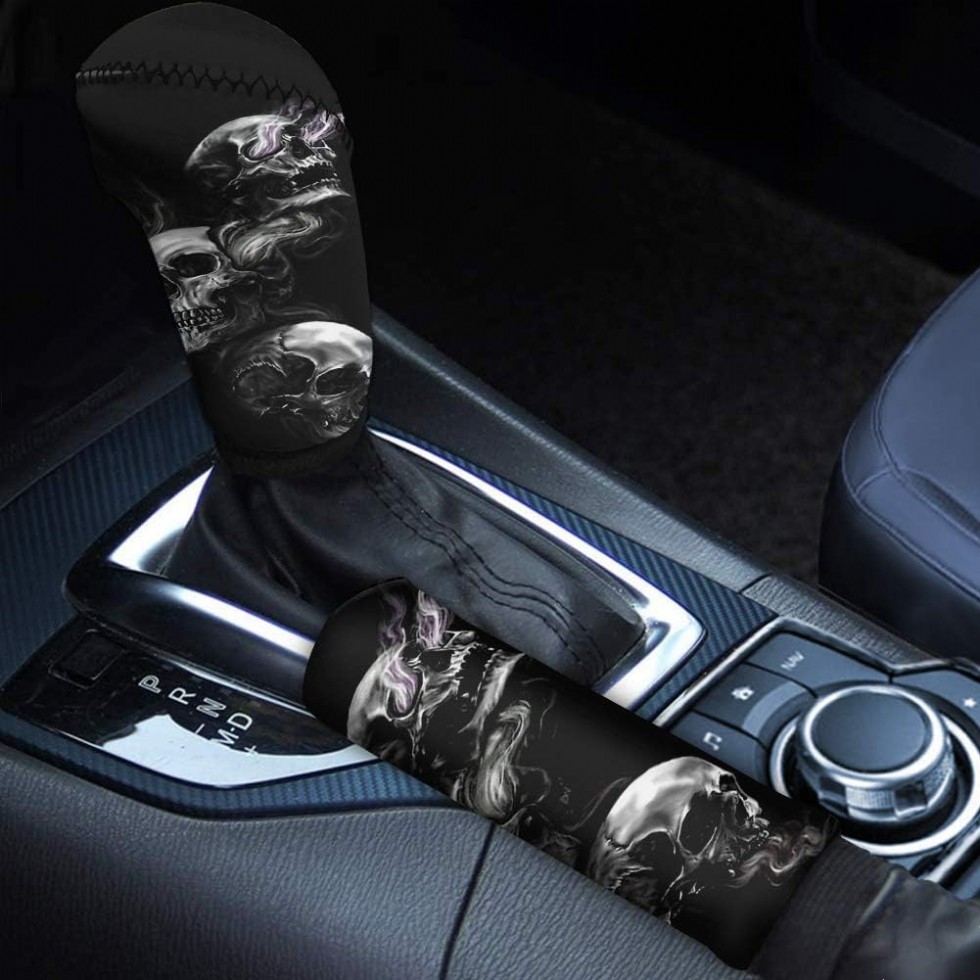 Buybai Havalı Kafatası Vites Kolu ve El Freni Kılıfı 2li Set Siyah