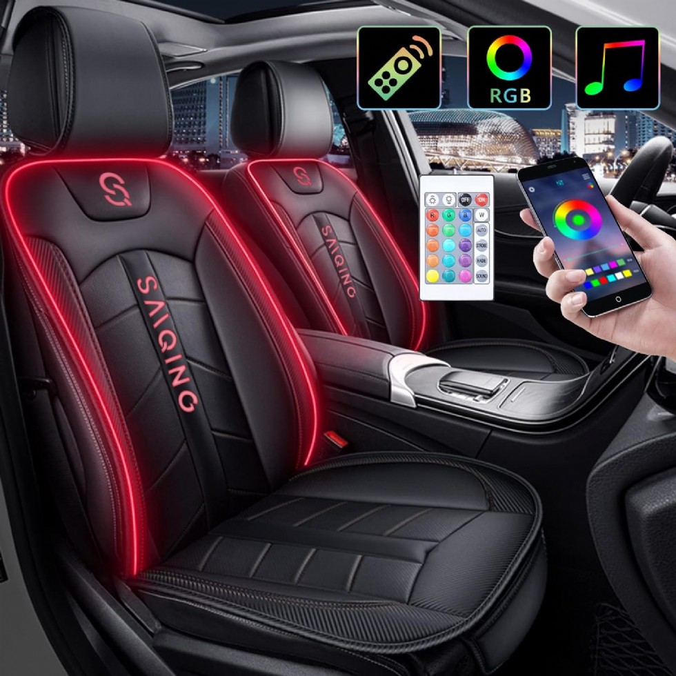 LED Işıklı Araba Koltuk Kılıfı - Evrensel Lüks Deri Ön Koltuk Minderi RGB Müzik Senkronlu Sırt Dayama LED Işıklı Koltuk Koruyucu Kırmızı