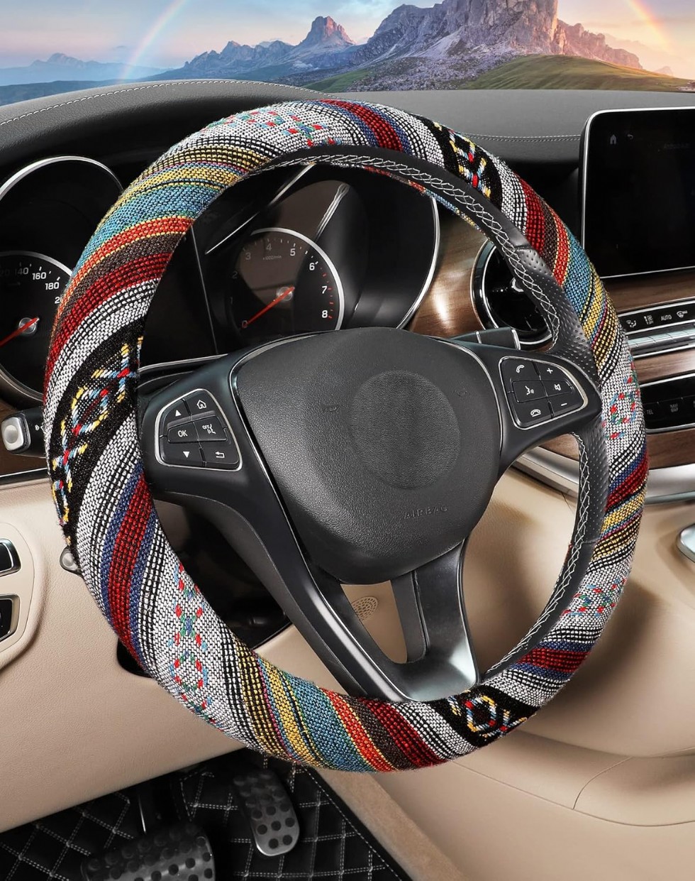 SEG Direct Boho Direksiyon Kılıfı Baja Battaniye Kumaşı ve Etnik Stil 37-39 cm Araba Direksiyonu için Keten Kılıf