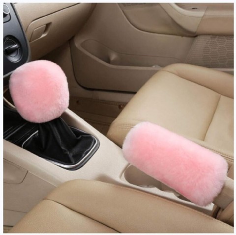 2 Adet Yumuşak Tüylü Vites Kolu Kılıfı ve El Freni Kılıfı Seti - Pembe
