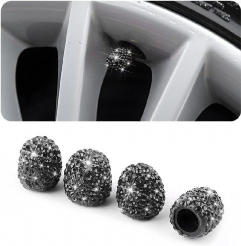 AUCELI 4 Adet Parlak Lastik Valf Kapağı Kristal Taşlı Toz Geçirmez Valf Kapağı Siyah