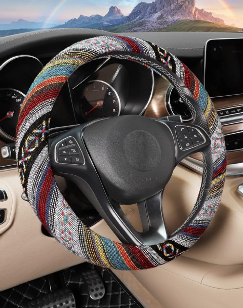 SEG Direct Boho Direksiyon Kılıfı Baja Battaniye Kumaşı ve Etnik Stil 37-39 cm Araba Direksiyonu için Keten Kılıf